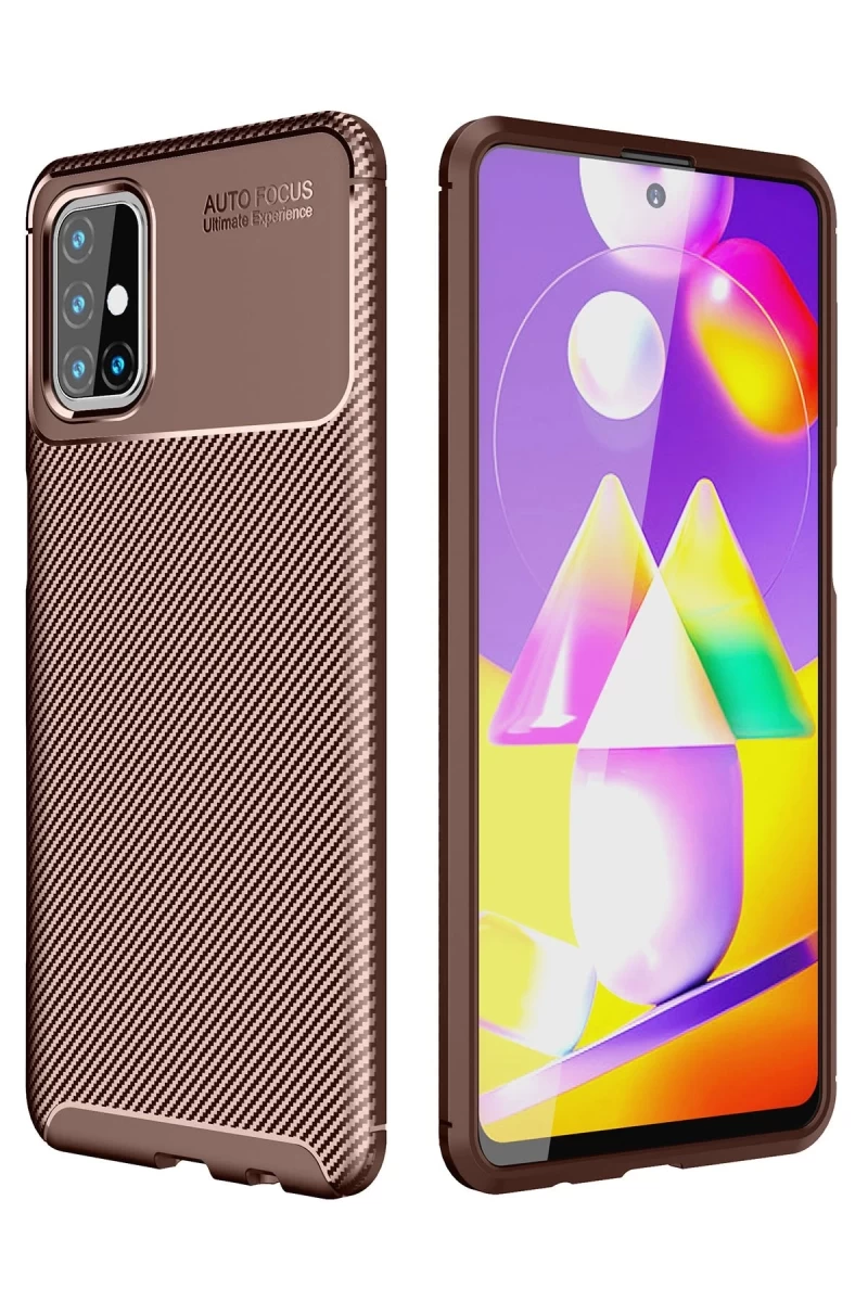 Samsung Galaxy M31S Uyumlu Kılıf Auto Focus Karbon Kapak - Kahverengi