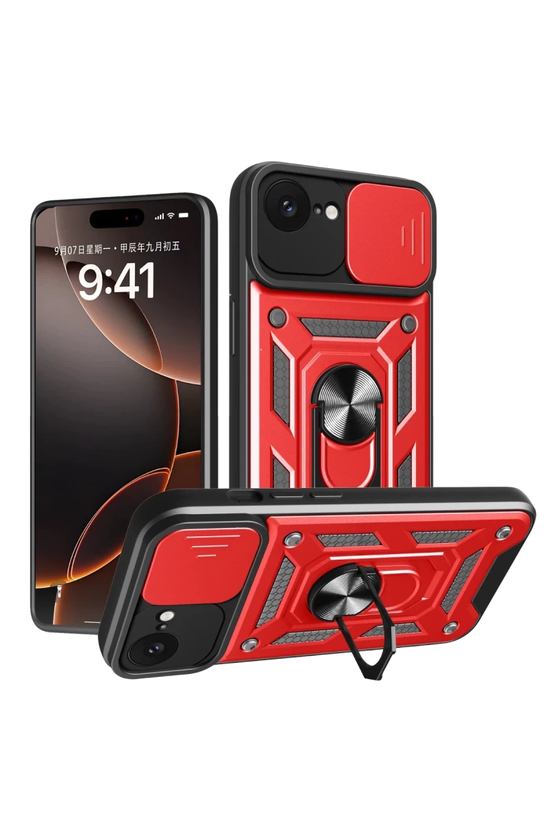 Apple iPhone 16E Uyumlu Kılıf Pars Lens Yüzüklü Silikon - Kırmızı