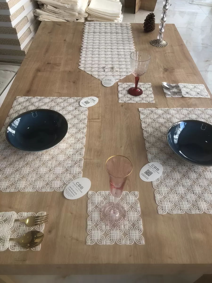 Sofra Takımı Orion Gardenya Keten Yemek Takımı 160x260 Masa Seti 26 Parça Runner Set Krem