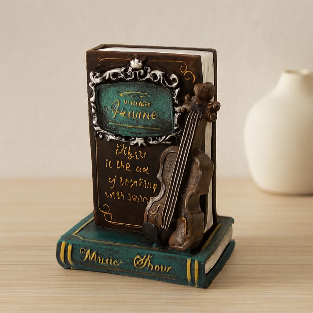 Vintage Gitar ve Kitap Figürlü Dekoratif Biblo Kumbara 21x14x10 cm