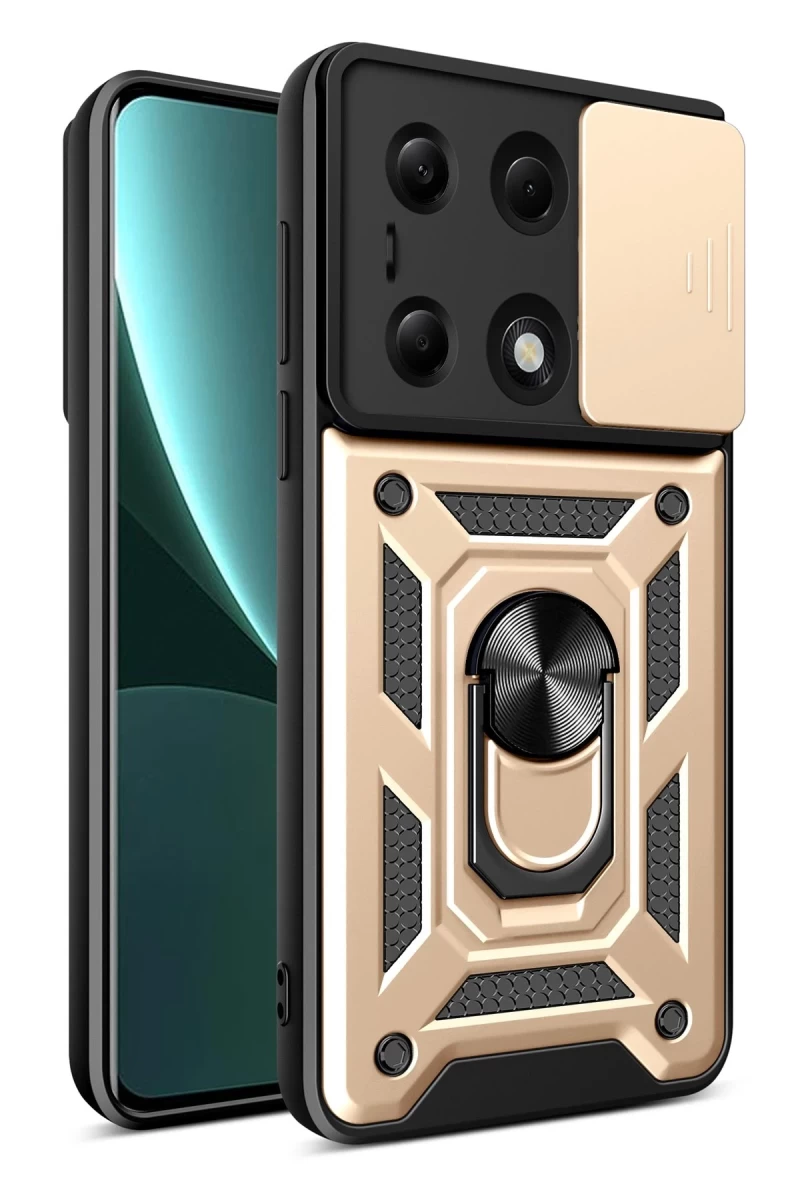 Xiaomi Poco M6 Pro 4G Uyumlu Kılıf Pars Lens Yüzüklü Silikon - Gold