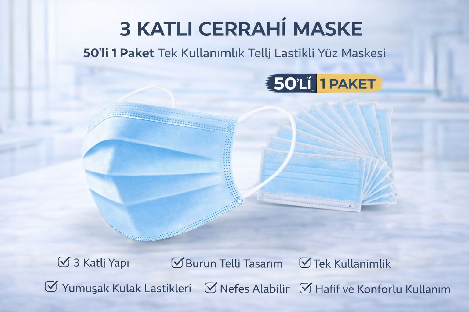 3 Katlı Cerrahi Maske 50'li 1 Paket Tek Kullanımlık Telli Lastikli Yüz Maskesi