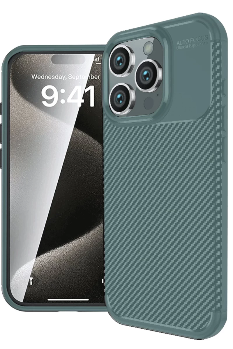 Apple iPhone 16 Pro Uyumlu Kılıf Auto Focus Karbon Kapak - Koyu Yeşil