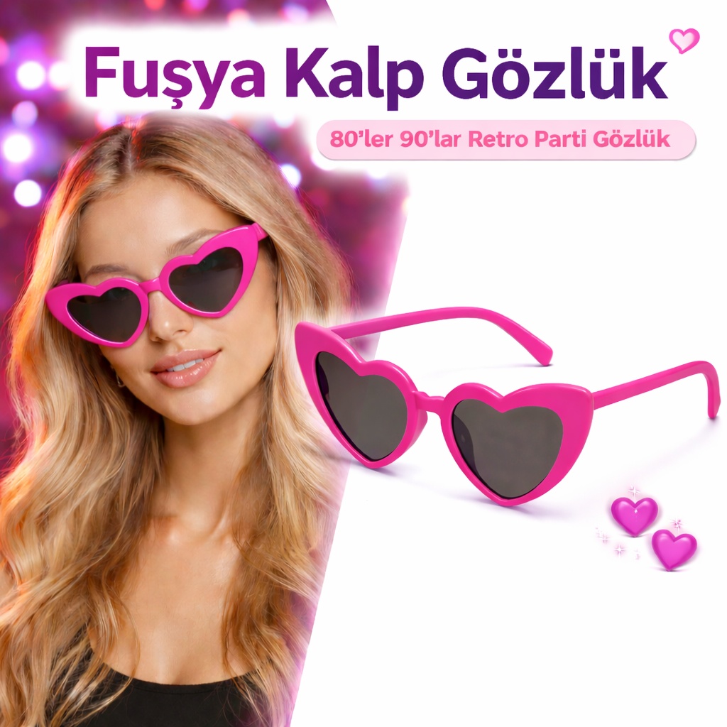 Fuşya  Retro Kalp Gözlük ? 80?ler 90?lar Stil Parti Gözlüğü