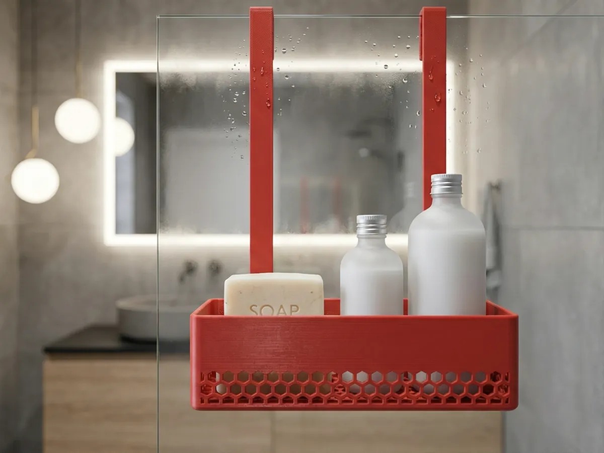 3D Baskı Cam Duşa Asılan Petek Delikli Banyo Rafı Duş Kabini Sabunluk ve Şampuan Rafı Kırmızı