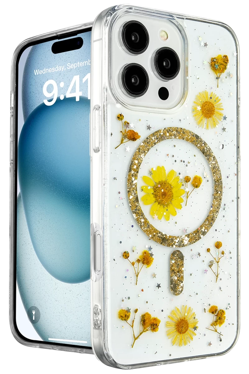 Apple iPhone 16 Pro Uyumlu Kılıf Daisy Simli Magsafe Kapak - Gold