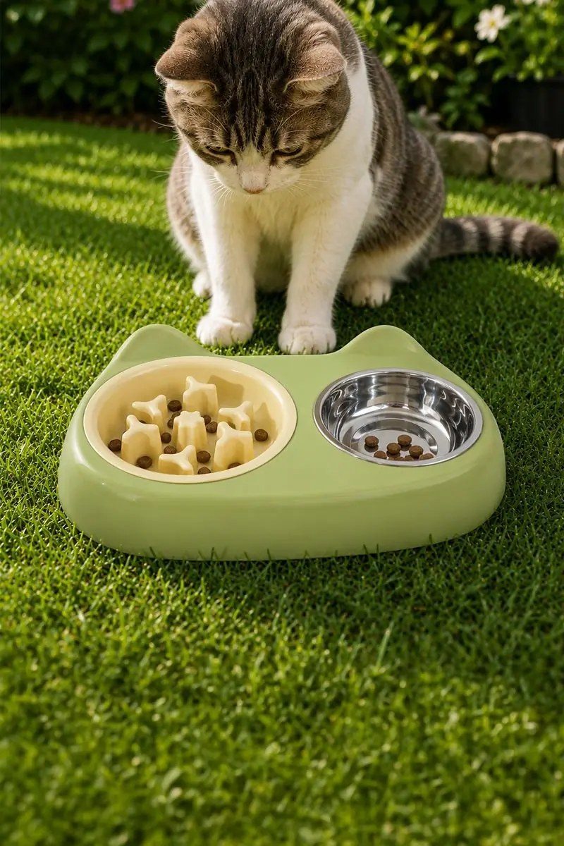 Kedi ve Köpek Yavaş Yeme Mama Kabı ile Birlikte Büyük Boy Çelik Su Kabı