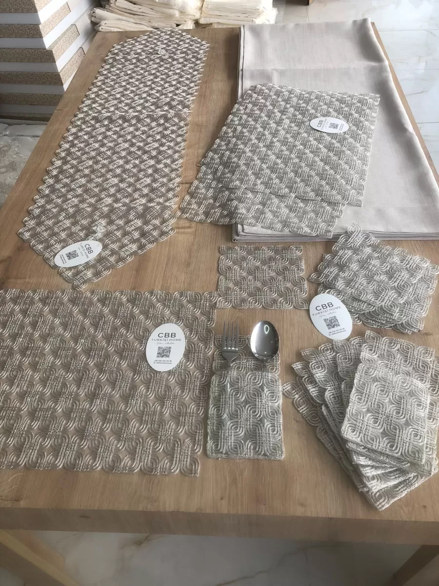 Sofra Takımı Orion Gardenya Keten Yemek Takımı 160x260 Masa Seti 26 Parça Runner Set Platin