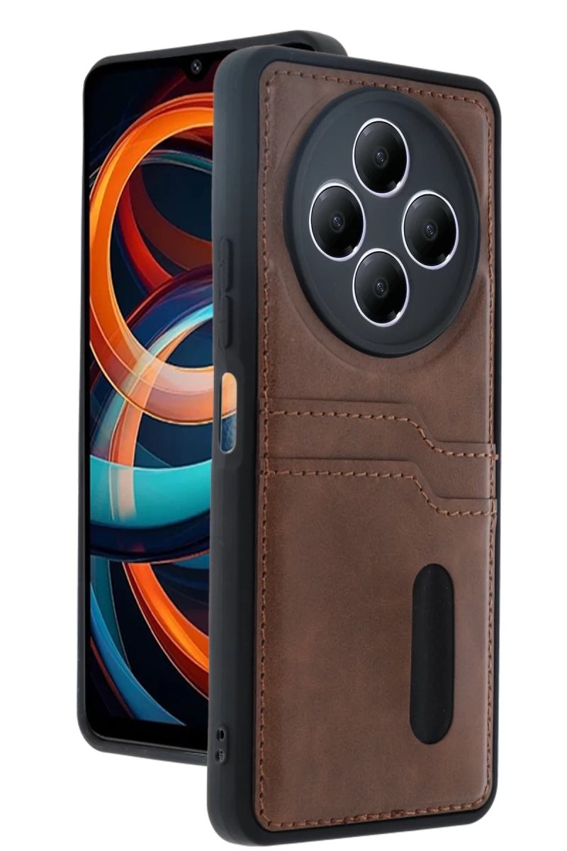 Xiaomi Redmi 14C Uyumlu Kılıf Sara Kartvizitli Deri Kılıf - Taba