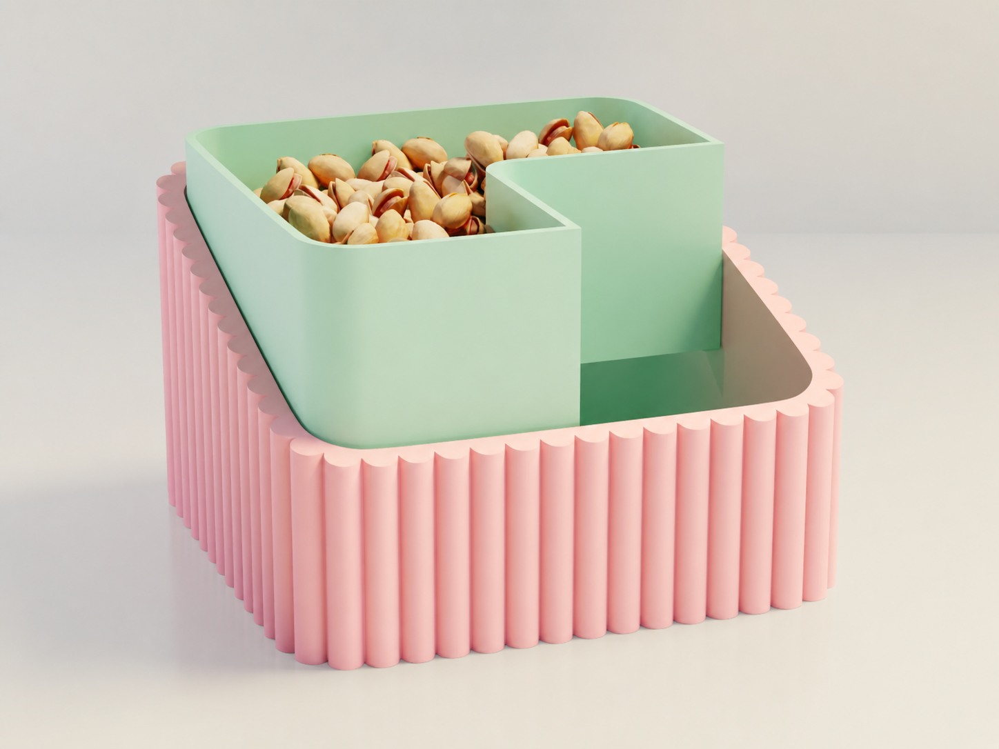 3D Baskı Fıstık Kasesi - Çift Hazneli Kabuk Ayırıcı Sunum Kasesi - Pembe Mint