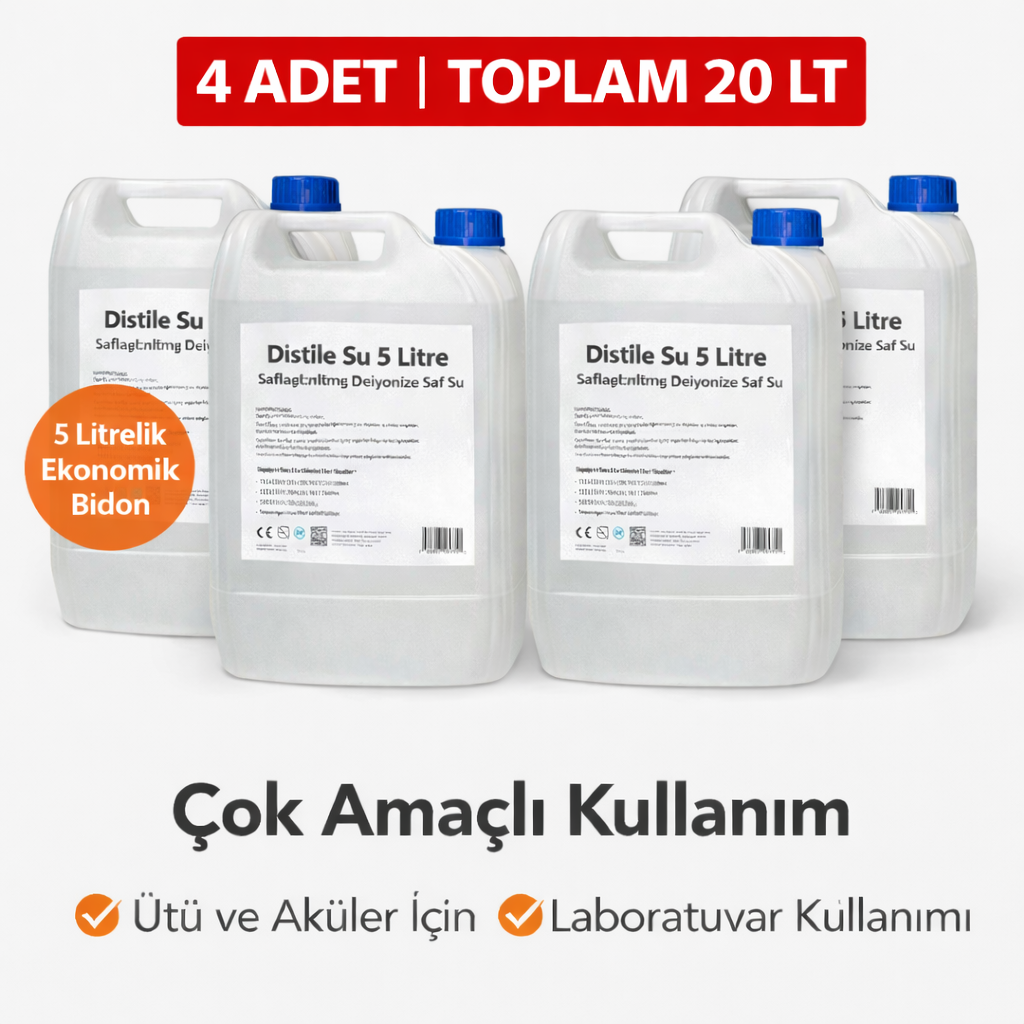 4 Adet Distile Su 5 Litre Toplam 20 Litre Saflaştırılmış Deiyonize Saf Su Çok Amaçlı Kullanım