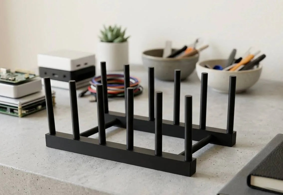 3D Baskı Tabak Standı Şık Tabak Düzenleyici Dikey Tabak Rafı Çıkarılabilir Yuvalı Mutfak Standı - Siyah