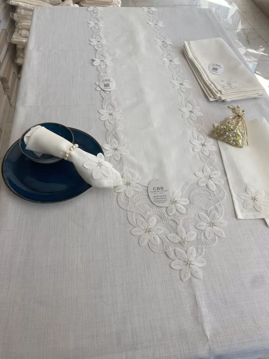 Sofra Takımı Evita Gardenya Keten Yemek Takımı 160x260 Masa Seti 26 Parça Runner Set Krem