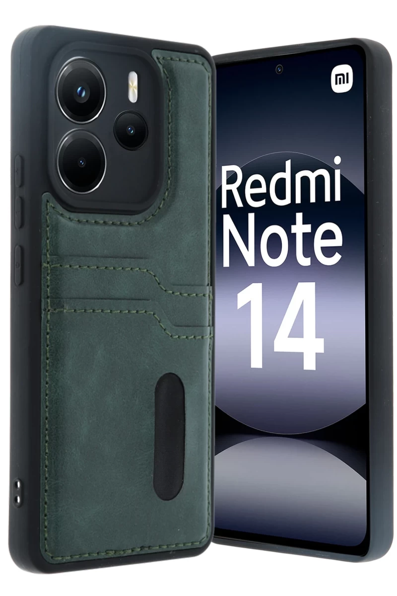 Xiaomi Redmi Note 14 4G Uyumlu Kılıf Sara Kartvizitli Deri Kılıf - Koyu Yeşil