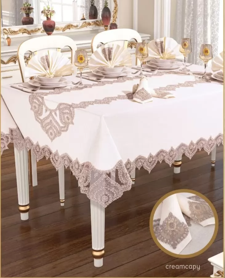 Kartanesi Gardenya Keten Krem-Kapiçino 12 Kişilik 26 Parça 160 × 220 cm Masa Takımı