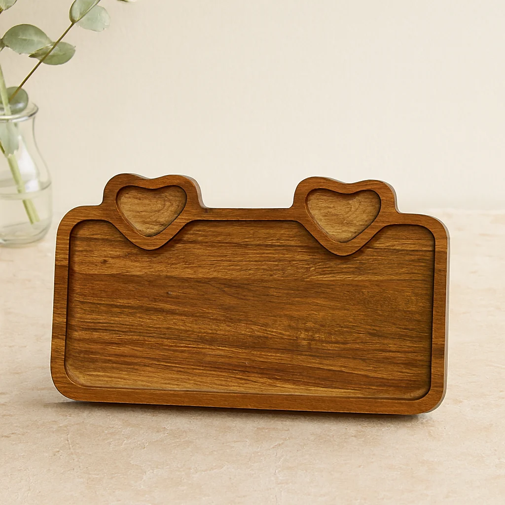 Akasya Ahşap Servis Tepsisi 25x14 cm (Kulplu, Kalp Bölmeli)