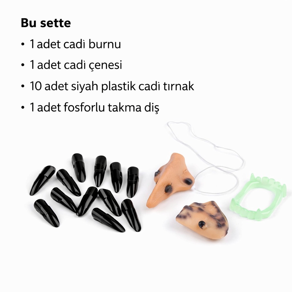 Cadı Aksesuar Seti ? Burun, Çene, Fosforlu Diş ve 10 Adet Siyah Tırnak