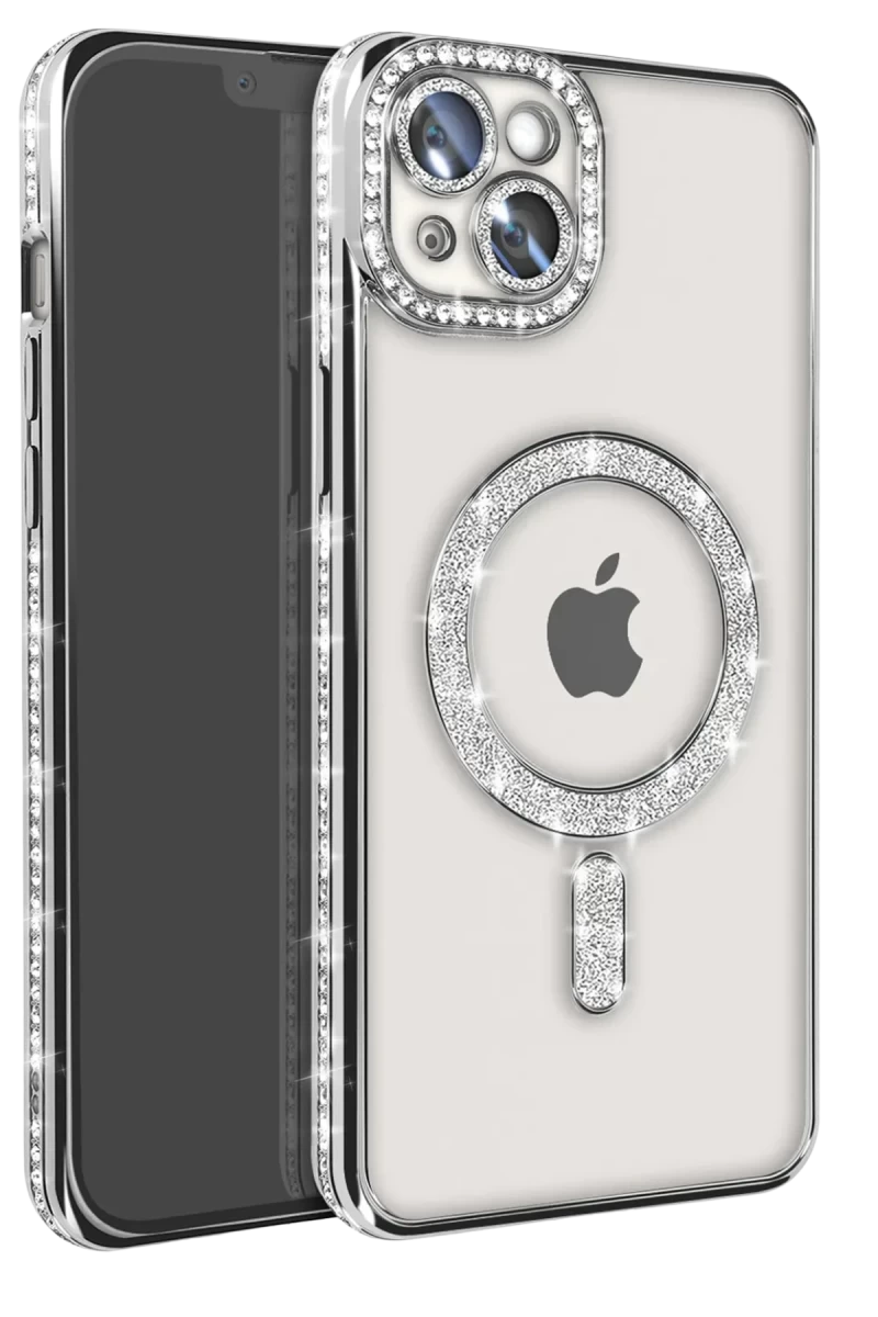 Apple iPhone 14 Uyumlu Kılıf Joke Simli Magneticsafe Kılıf - Gümüş