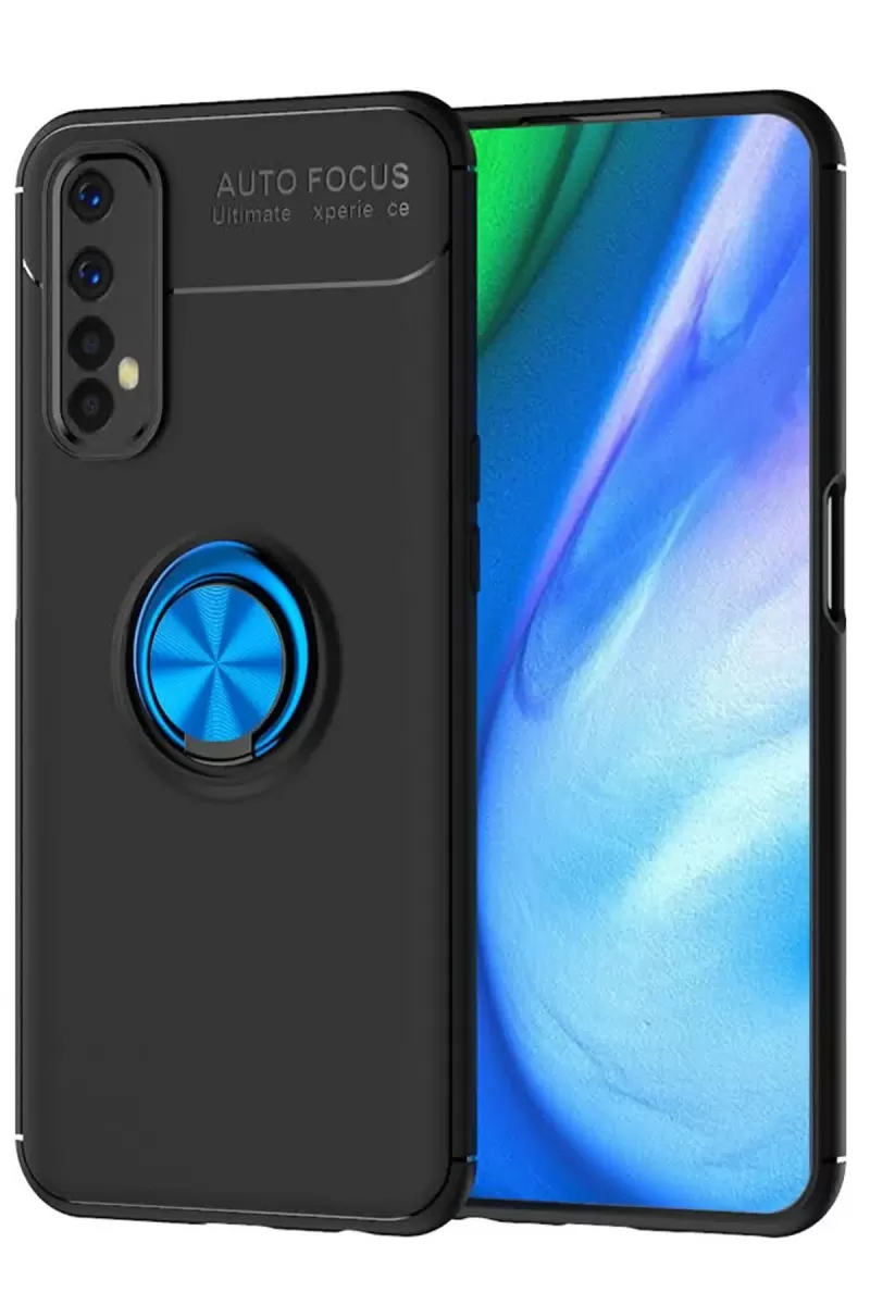 Realme 7 Uyumlu Kılıf Range Yüzüklü Silikon - Siyah-Mavi