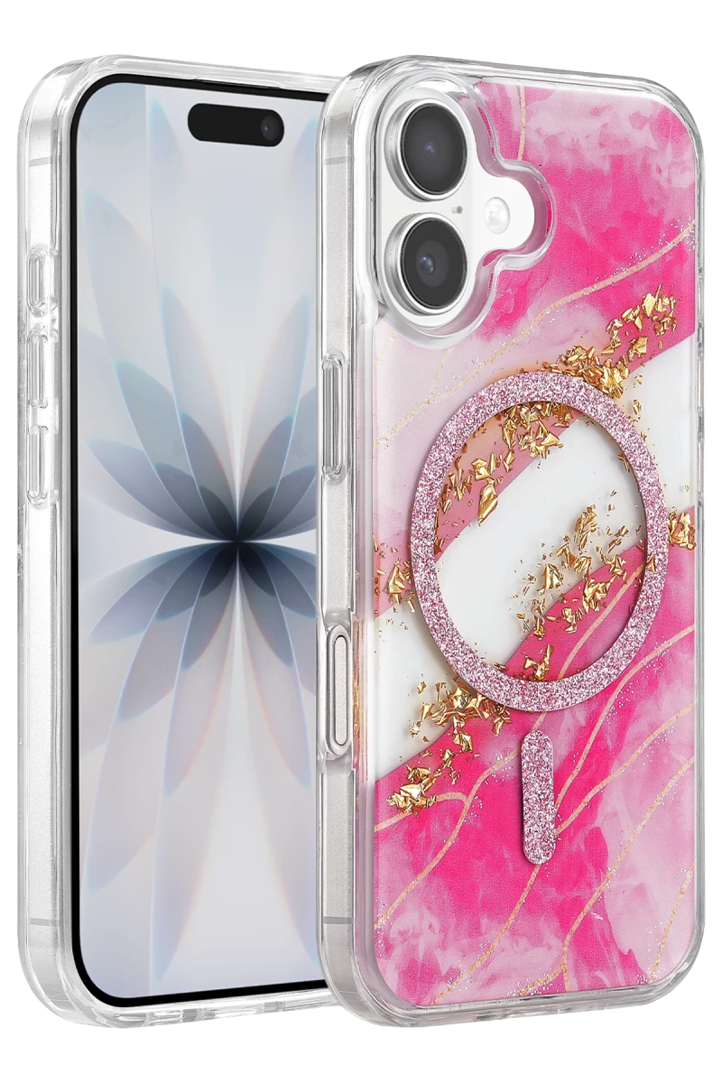 Onegif Apple iPhone 16 Uyumlu Lotus Simli Magsafe Kapak - Pembe