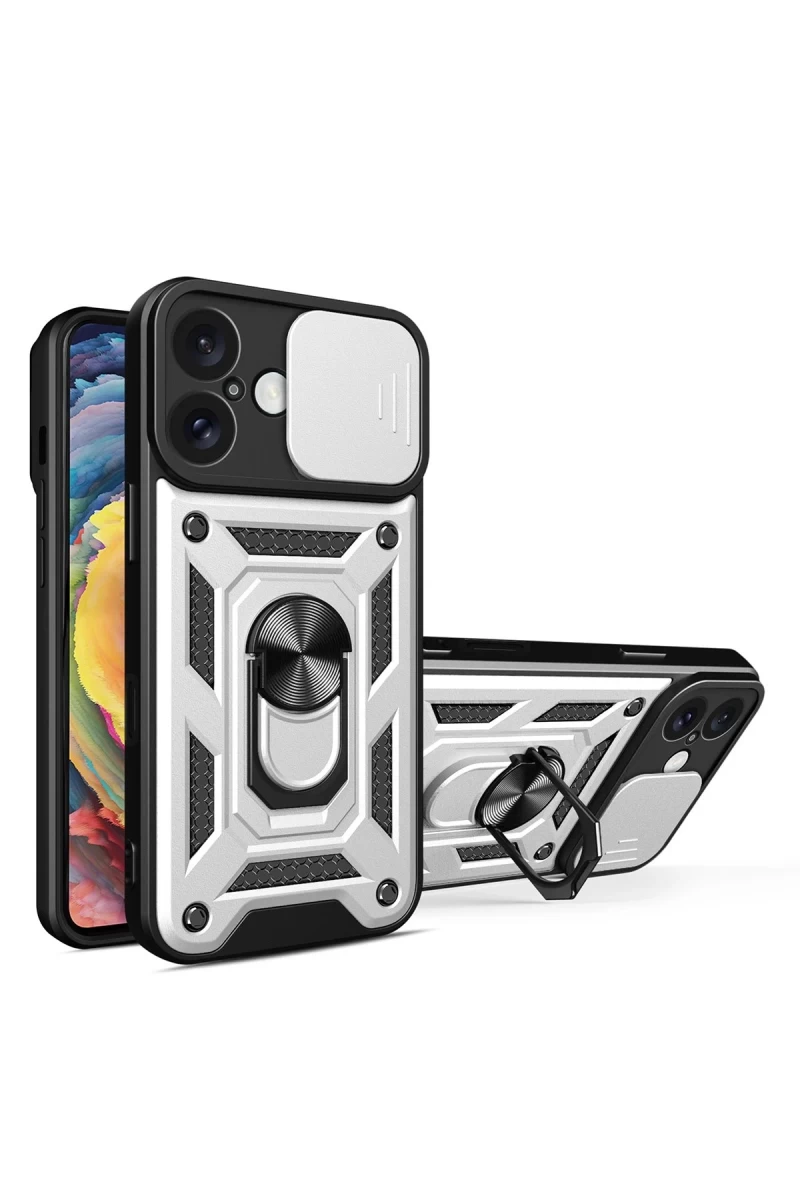 Apple iPhone 16 Uyumlu Kılıf Pars Lens Yüzüklü Silikon - Gümüş