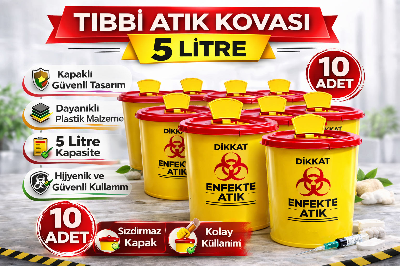 Tıbbi Atık Kovası 5 Litre 10 Adet Kapaklı Tıbbi Atık Kutusu Enfekte Atık Kovası