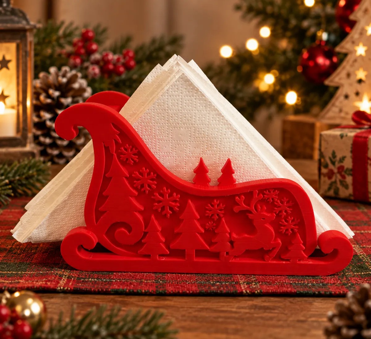 3D Baskı Noel Kızağı Formlu Yılbaşı Peçetelik Dekoratif Yeni Yıl Sofra Peçete Tutucu Kırmızı