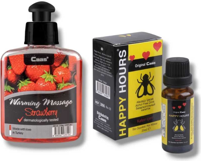 Caas Çilek Aromalı  Isıtıcılı Cinsel Masaj Yağı 100 ml + Happy Kadınlara Özel Damla