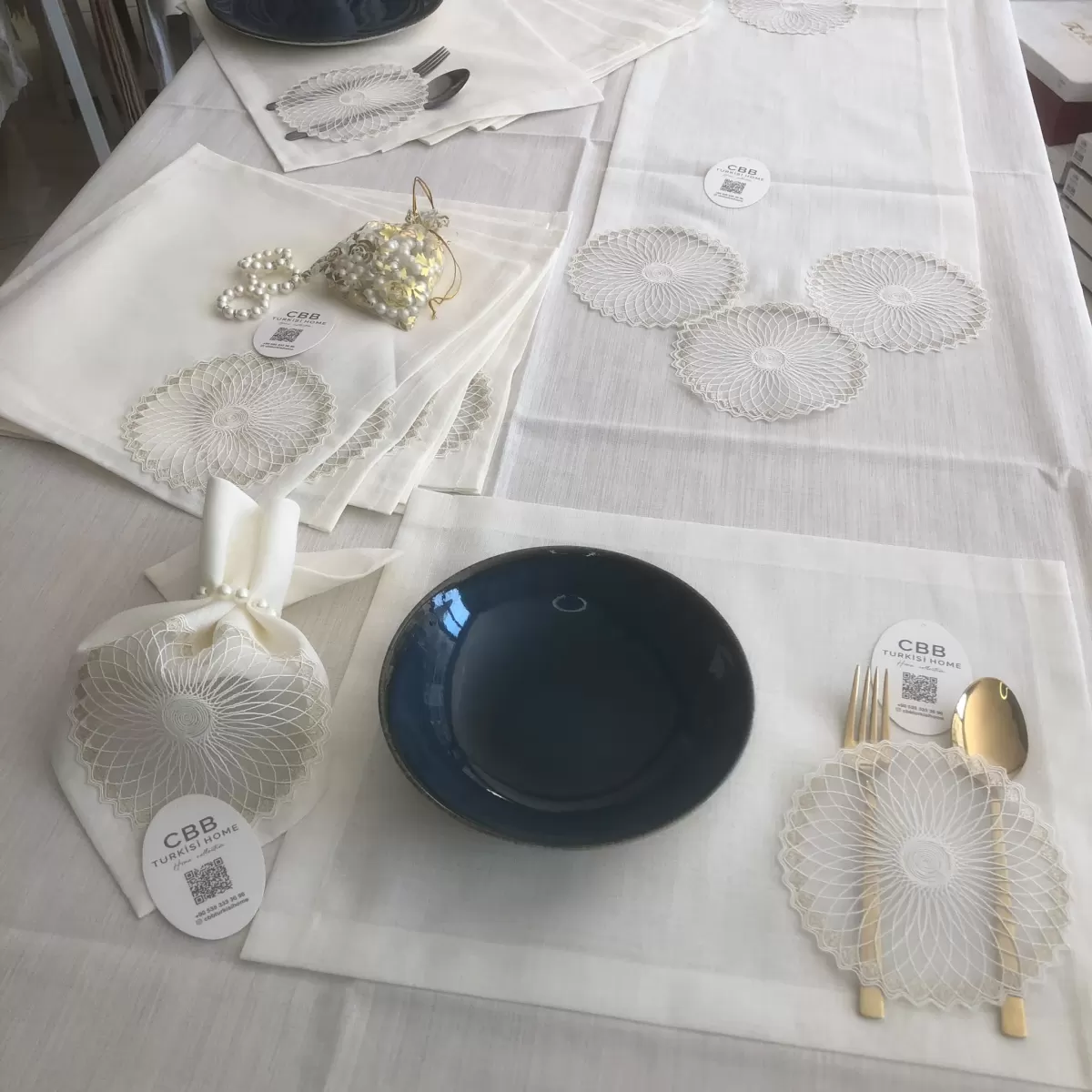 Sofra Takımı Planet Gardenya Keten Yemek Takımı 160x260 Masa Seti 26 Parça Runner Set Krem