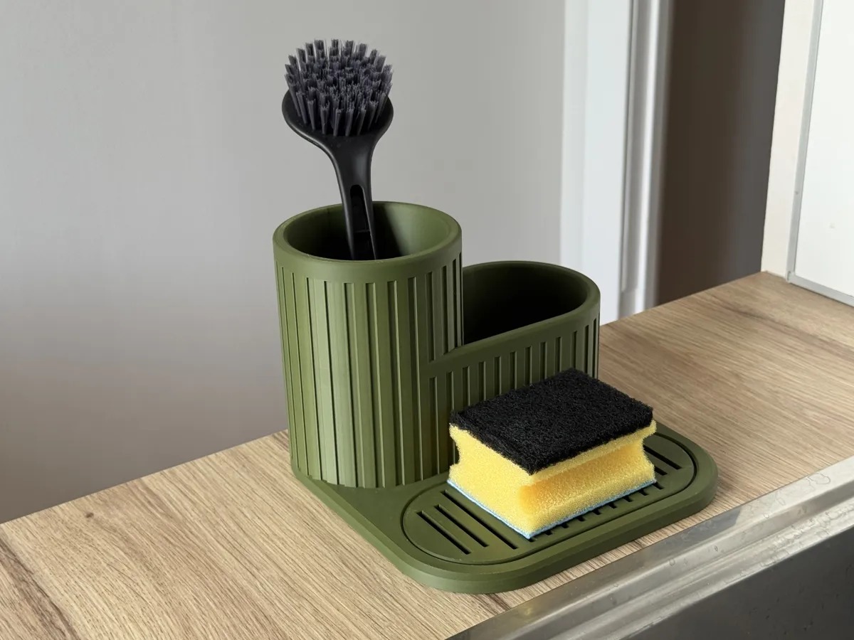 3D Baskı Çizgili Lavabo Düzenleyici Süzdürmeli Tepsili Bulaşık Fırçası ve Sünger Tutucu Kompakt - Yeşil