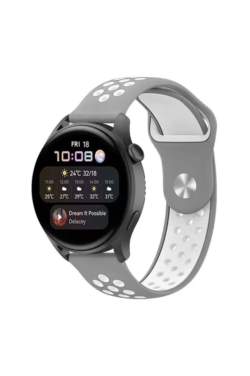 Watch 20mm Uyumlu Spor Delikli Kordon - Gri-Beyaz