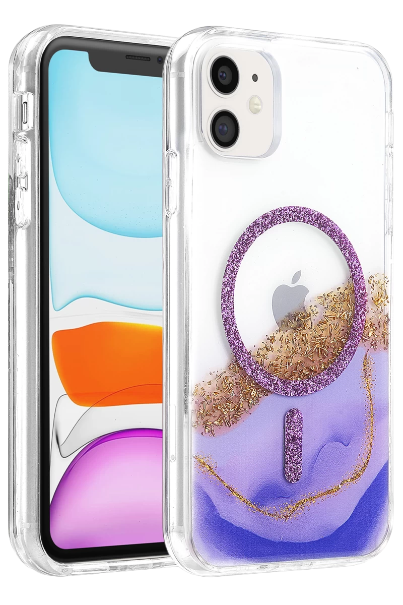 Onegif Apple iPhone 11 Uyumlu Lotus Simli Magsafe Kapak - Mor
