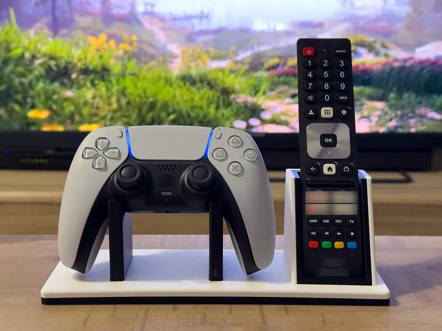 3D Baskı Oyun Kolu ve TV Kumanda Standı Çift Bölmeli Masaüstü Kumanda Tutucu Organizer - Beyaz