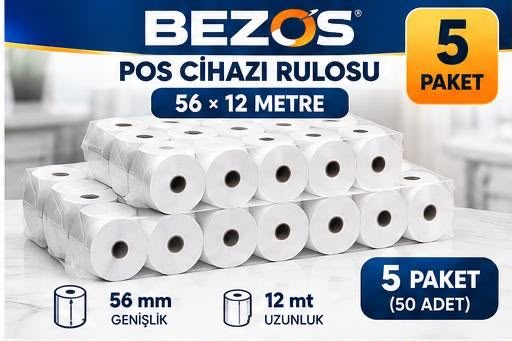 Termal POS Cihazı Rulosu 56 mm x 12 m - 50 Adet (5 Paket) Yazar Kasa Slip Rulosu
