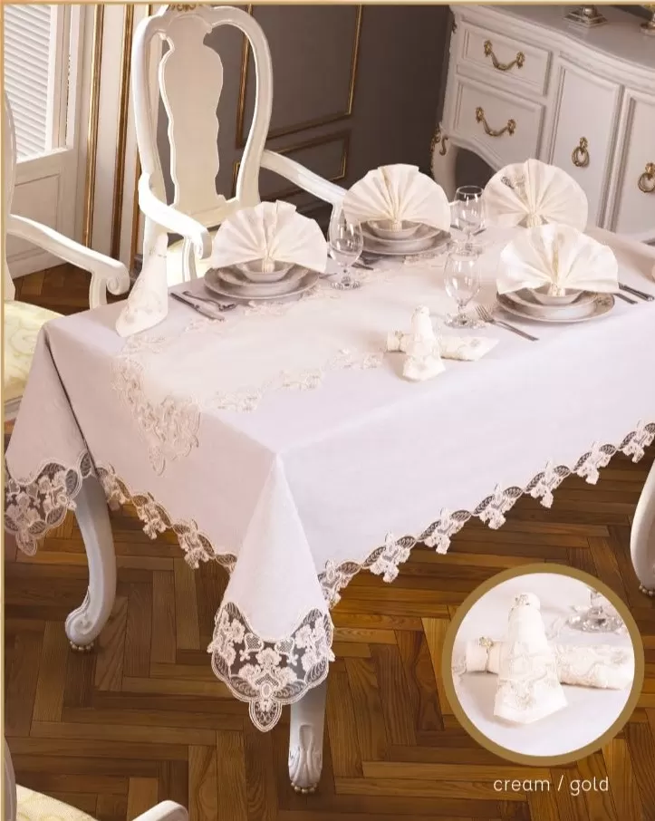 Krem-Gold Karanfil Gardenya Keten 26 Parça 12 Kişilik 160 × 220 cm Masa Seti