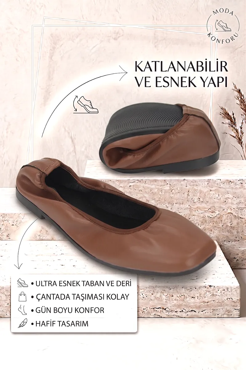 Uliana Kadın Köşeli Burun Esnek Taban Katlanabilir Taba Babet Ayakkabı