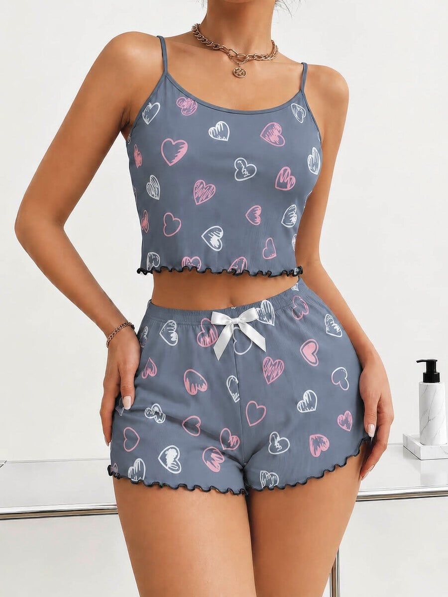 Kadın Gri Kalp Desenli Dantel Askılı Şortlu Pijama Takımı 5265 · BEDEN: S/M · RENK: Gri