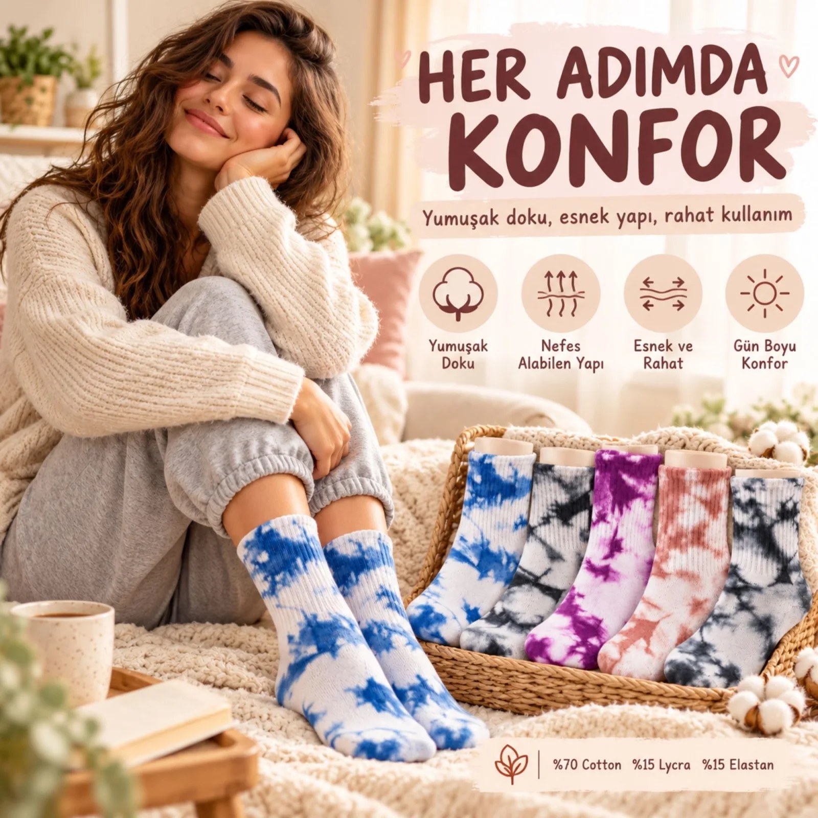 Unisex Batik Spor Çorap 10'lu Set Tie Dye Tenis Çorabı Koyu Retro Renkler Günlük Rahat Konforlu Stil