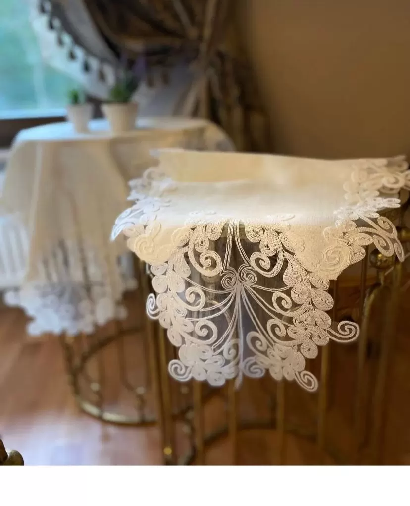 Anna Model Krem Keten Dantelli 5 Parça Salon Takımı Masa Örtüsü Runner Seti