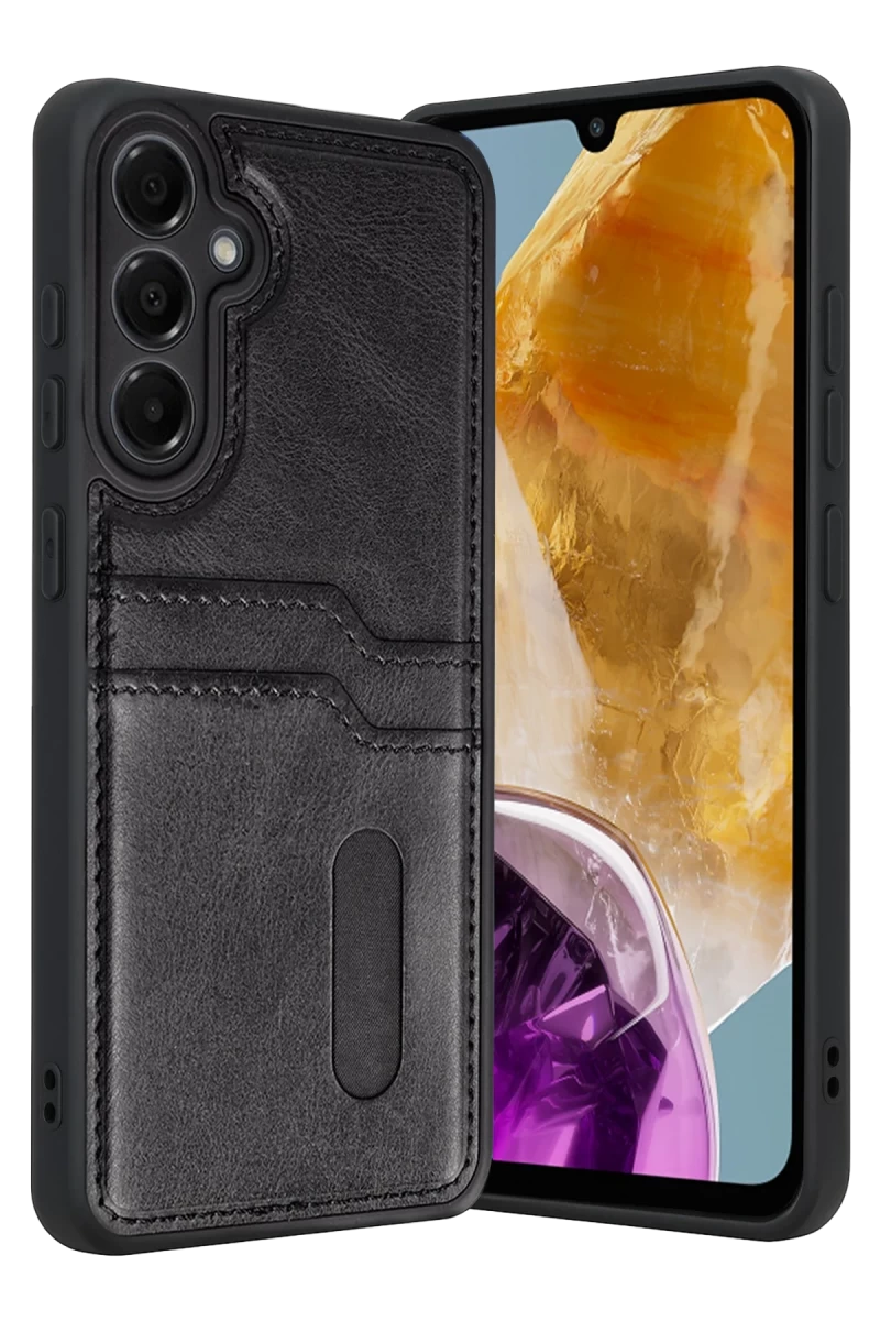 Samsung Galaxy M15 Uyumlu Sara Kartvizitli Deri Kılıf - Siyah