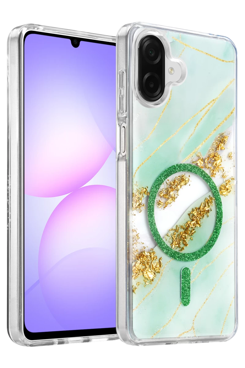 Onegif Samsung Galaxy A07 4G Uyumlu Lotus Simli Magsafe Kapak - Yeşil
