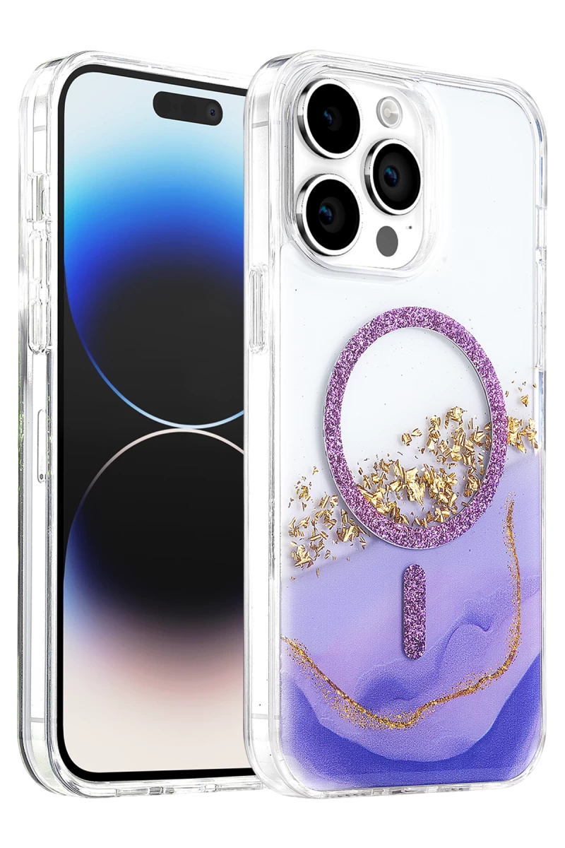 Onegif Apple iPhone 15 Pro Max Uyumlu Lotus Simli Magsafe Kapak - Mor