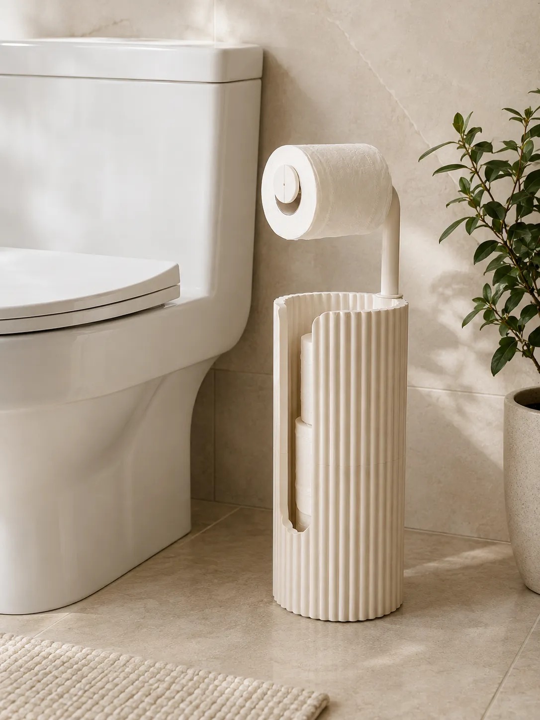 3D Baskı Ayaklı Tuvalet Kağıtlığı Yedek Rulo Saklamalı Modern Tuvalet Kağıdı Standı Çizgili - Beyaz
