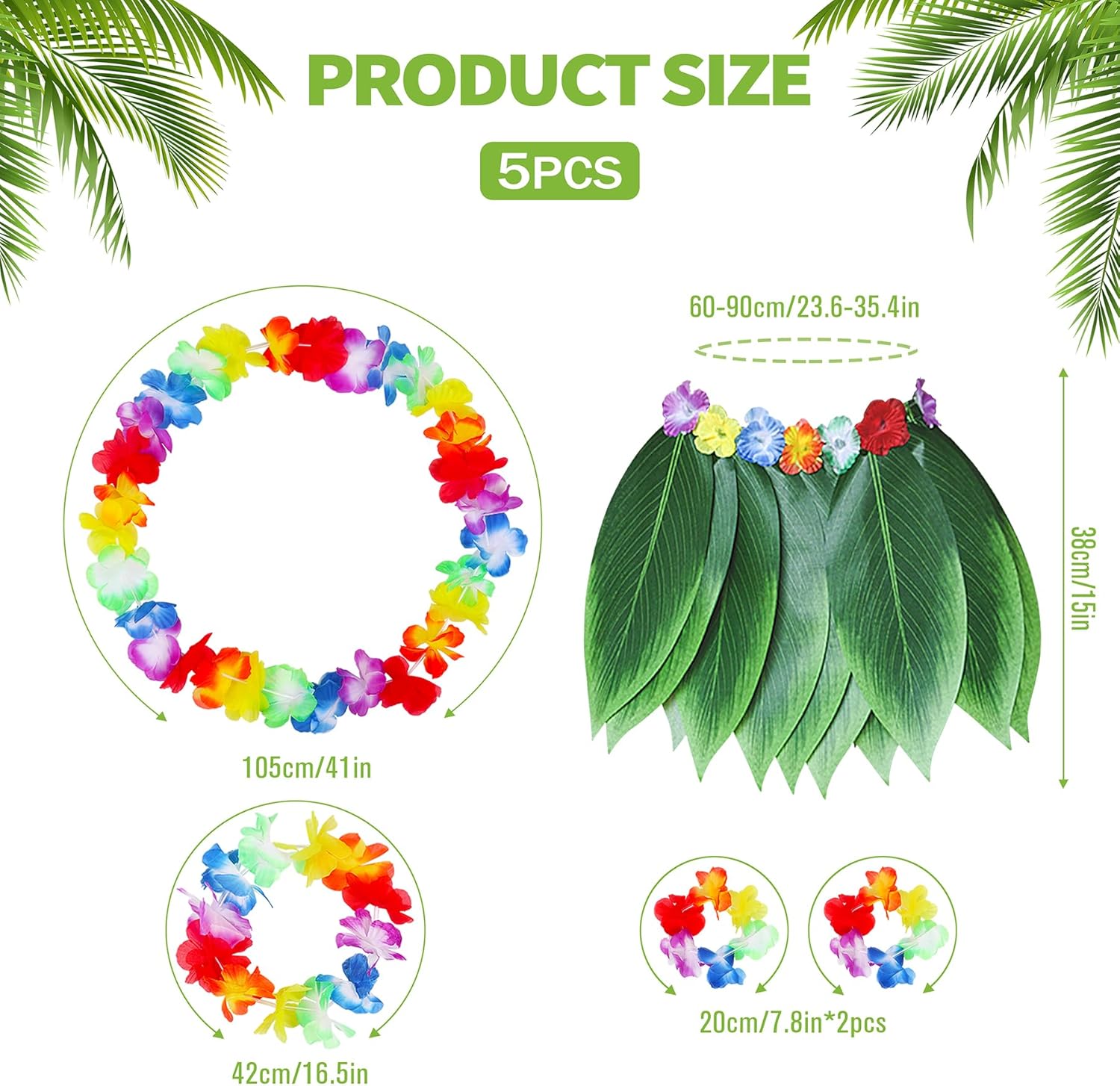 Çocuk Hawaii Kostüm Seti - Yaprak Etek &amp; Hawaii Set - 5 Parça