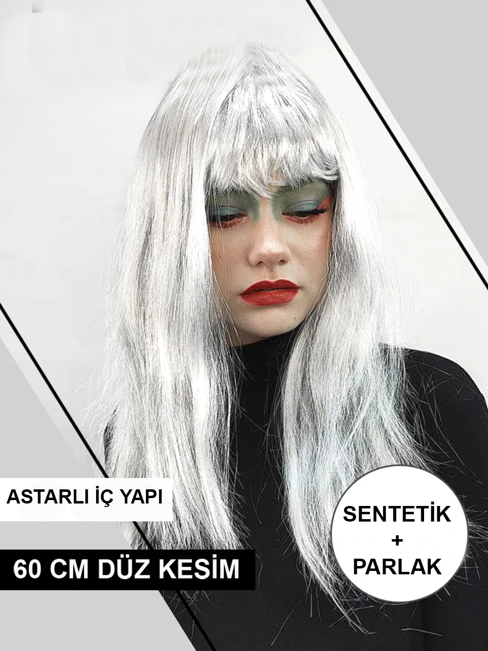 Platin Gri Gümüş Renk Uzun Parti Peruğu Uzun Takma Peruk