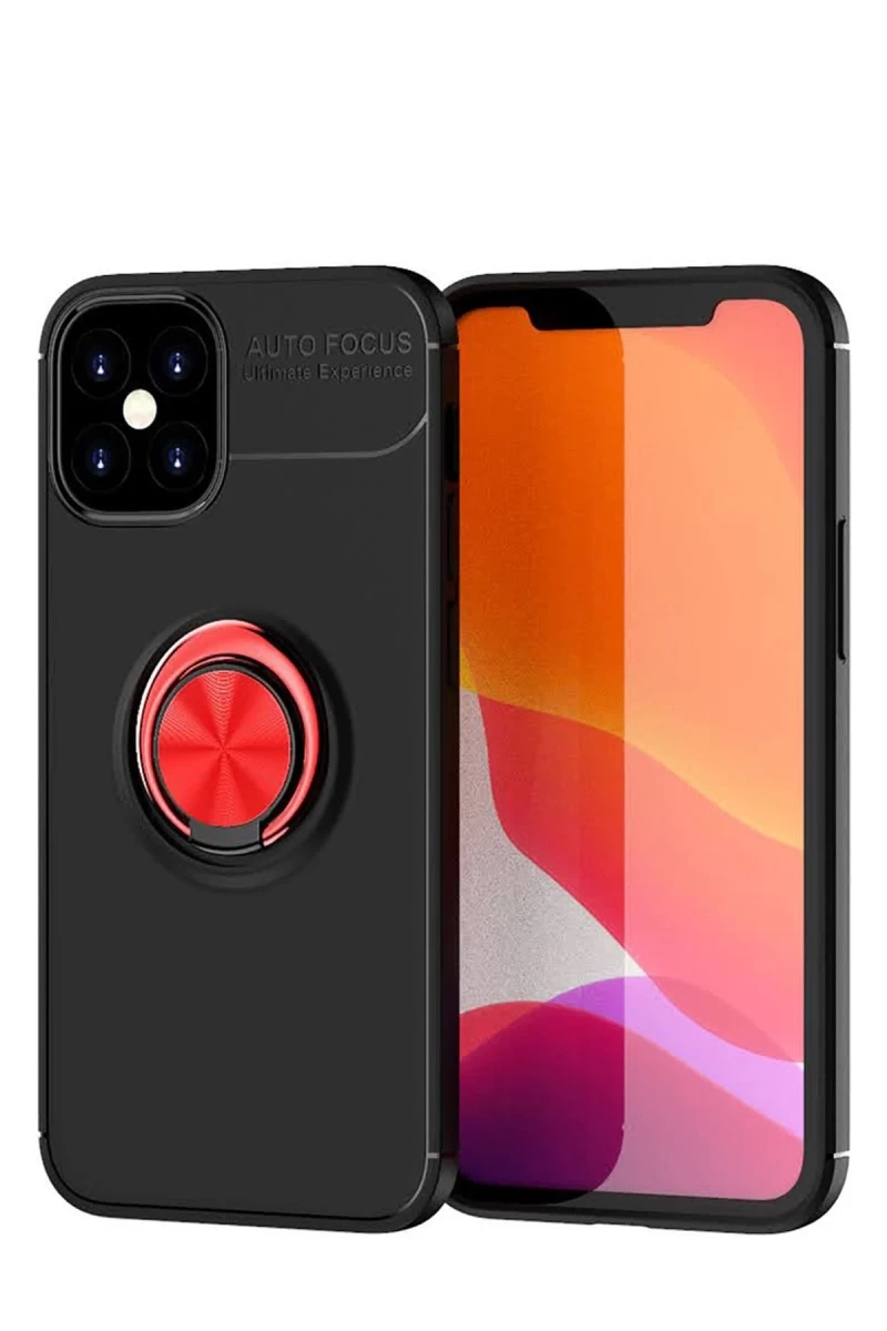 Apple iPhone 12 Mini Uyumlu Kılıf Range Yüzüklü Silikon - Siyah-Kırmızı