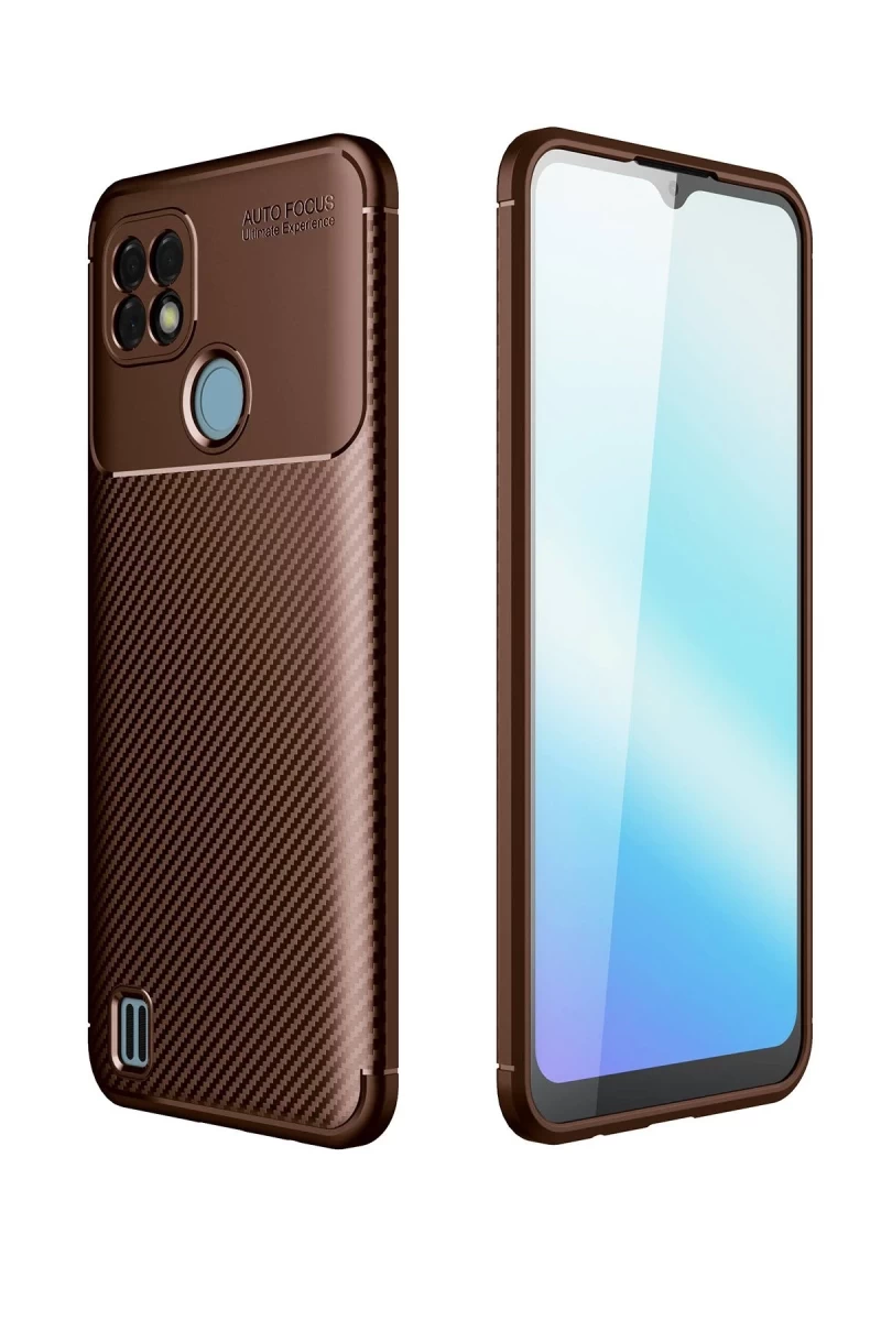 Realme C21 Uyumlu Kılıf Auto Focus Karbon Kapak - Kahverengi