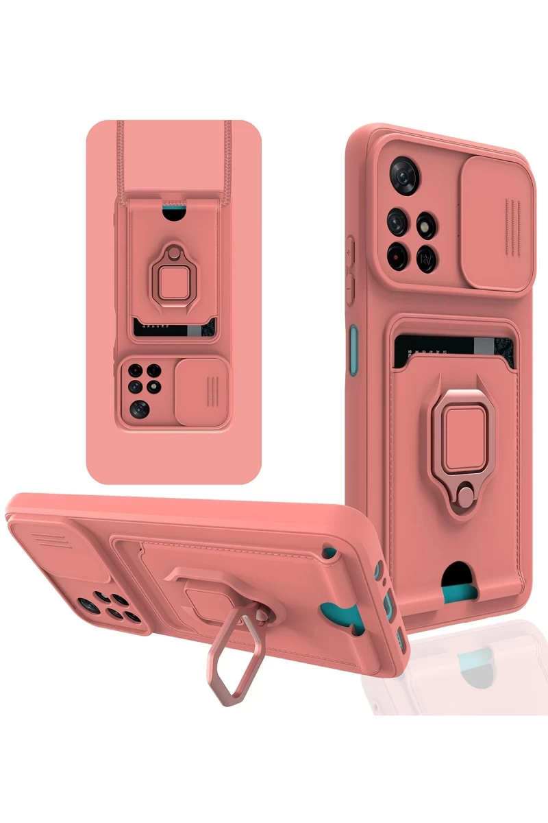 Xiaomi Redmi Note 11T Uyumlu Kılıf Zuma Kartvizitli Yüzüklü Silikon - Pembe