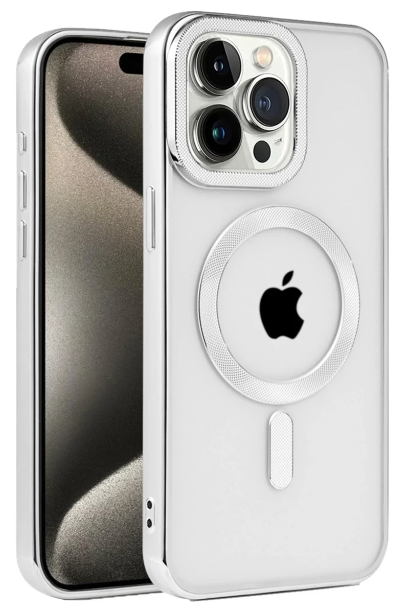 Apple iPhone 15 Pro Max Uyumlu Kılıf Kronos Magsafe Kapak - Gümüş