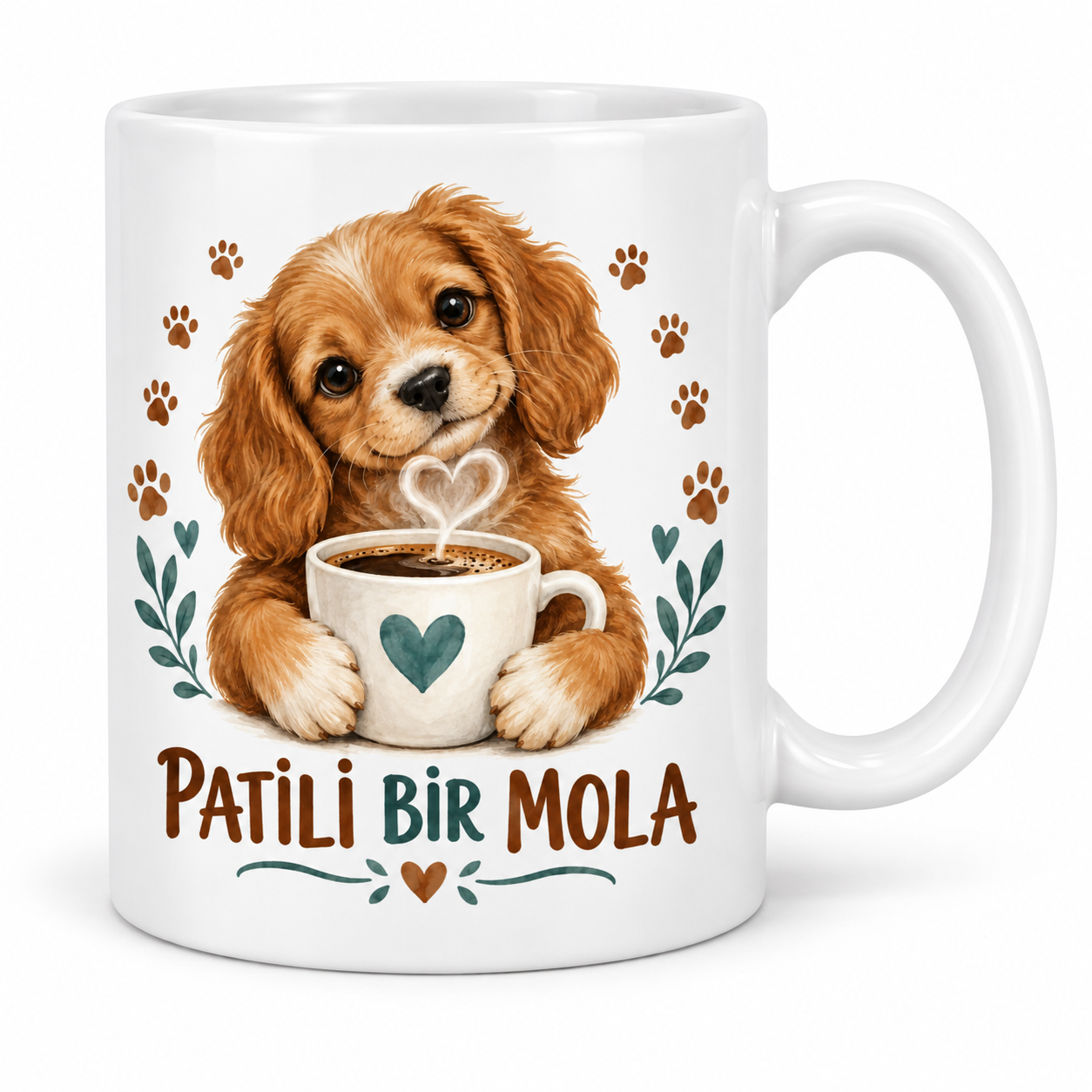 Patili Bir Mola Sevimli Köpek ve Kahve Tasarımlı Porselen Kupa - MODEL 267
